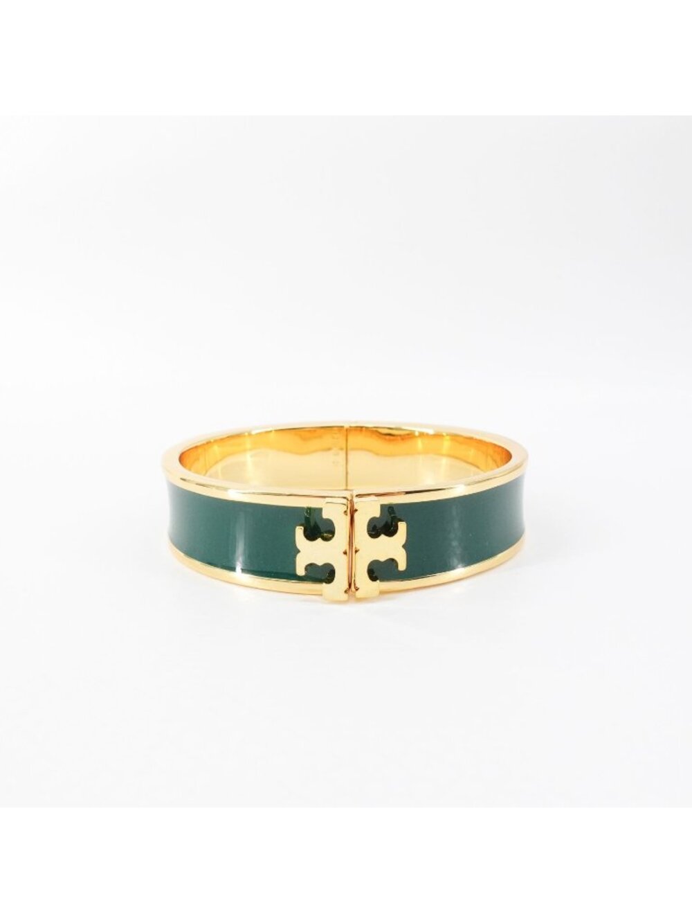 Tory Burch Enameled Kira Logo Hinged Bracelet Gold/ Green OS